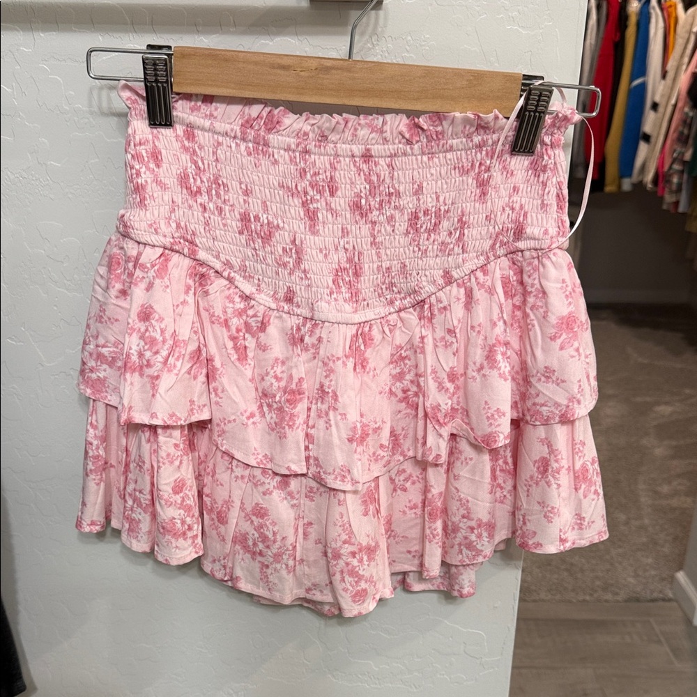 Alter’d State Pink Floral Tiered Smocked Mini Skort